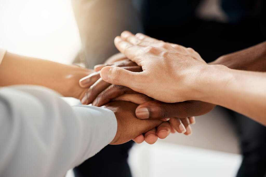 Hands, team building and meeting for a mission, goals and sales growth targets with teamwork or collaboration. Diversity, support and business people planning a community development group project. - Photo, Image