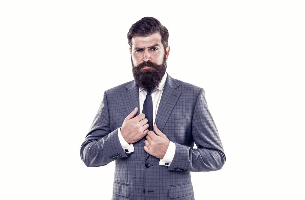 Wardrobe that suits your personal style. Stylish boss isolated on white. Bearded man in formal style. Professional wear. Business dress code. Formalwear. Fashion style. Clear sense of your own style. - Photo, Image