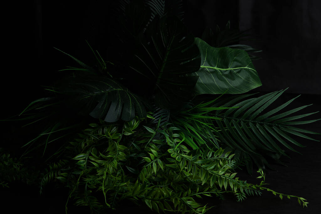 Bush aus tropischen Blättern auf dunklem Hintergrund. Kunststofftuch realistische Pflanzen mit Kopierraum. - Foto, Bild