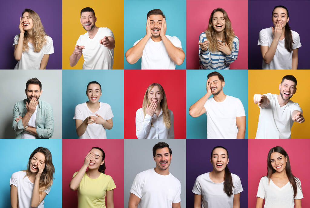 Collage con fotos de personas riendo en diferentes fondos de color - Foto, Imagen