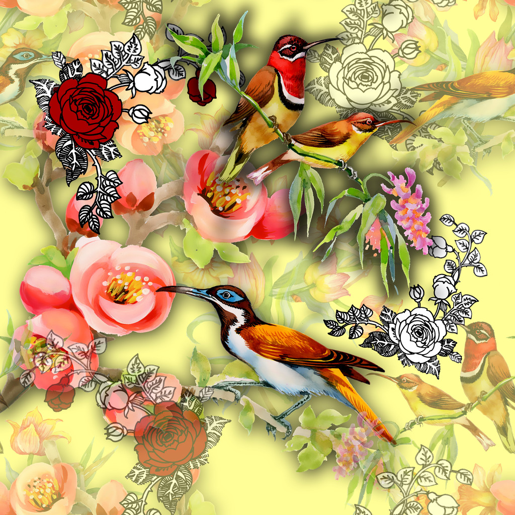Kuşlar ve çiçeklerle kusursuz desen - Fotoğraf, Görsel