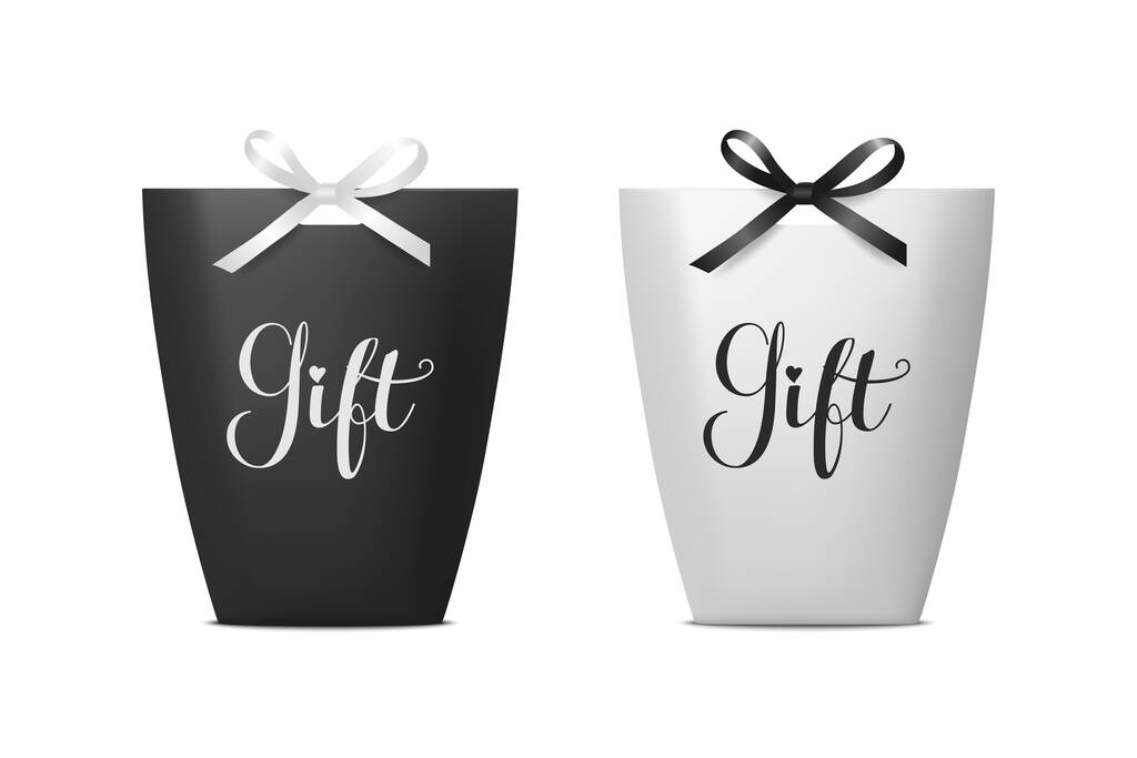 Vector 3d realista negro y blanco bolsa de regalo de papel, caja para cumpleaños o fiesta con arco blanco y negro, cinta. Lleve el bolso para el sistema actual del icono aislado en el fondo blanco. - Vector, Imagen