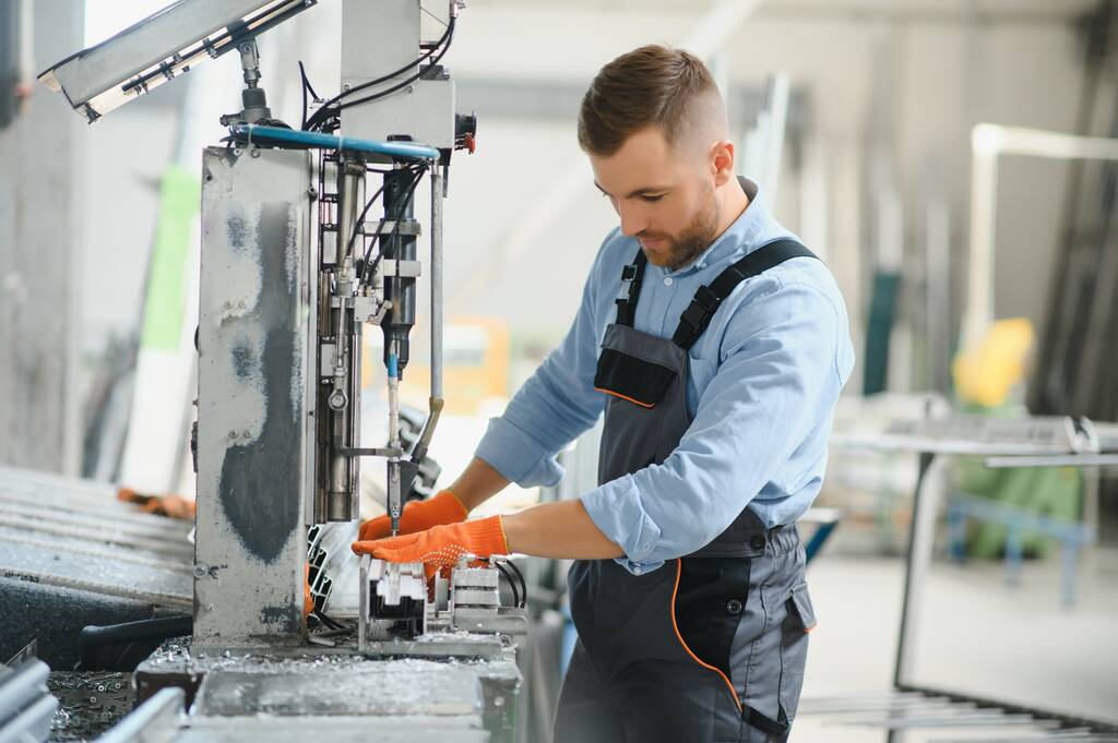 Handarbeiter schneiden Aluminium- und PVC-Profile. Arbeitsplätze in der verarbeitenden Industrie. Selektiver Fokus. Fabrik für die Produktion von Fenstern und Türen aus Aluminium und PVC - Foto, Bild