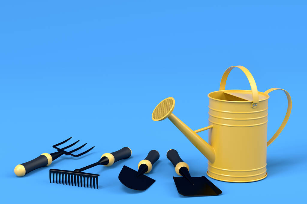 Watering can with garden tools like shovel, rake and fork on blue background. 3d render concept of horticulture and farming supplies - 写真・画像