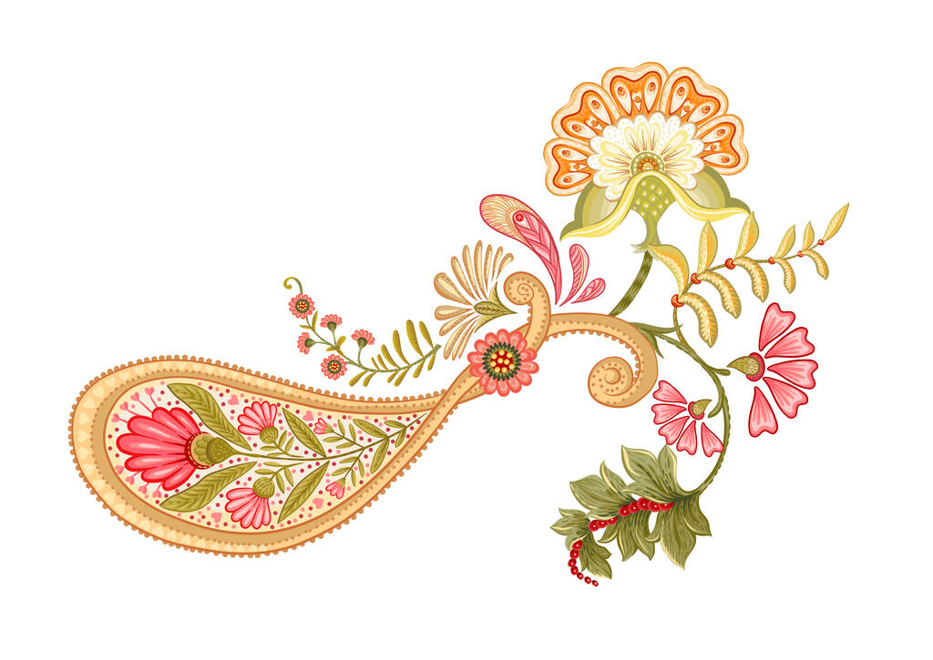 Fantasy flowers and paisley in retro, vintage, jacobean embroidery style. Elements, motif for design. Vector illustration. - Vecteur, image