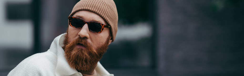 hipster barbudo en gafas de sol con estilo y sombrero de gorro mirando hacia otro lado, pancarta  - Foto, Imagen