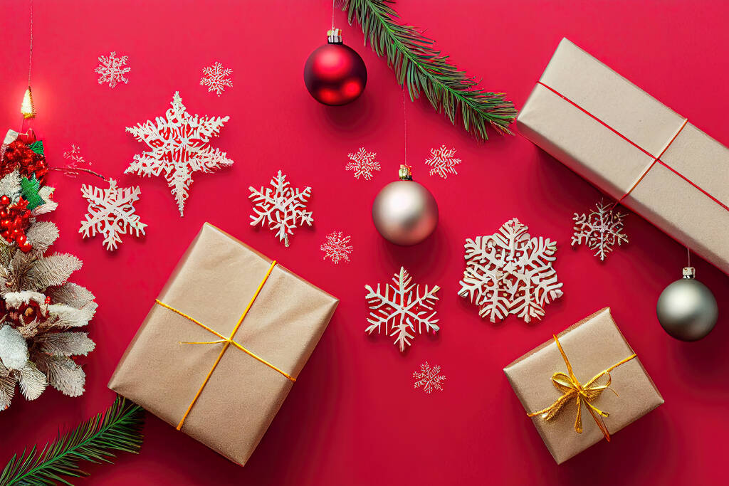 presentes de Natal em um fundo vermelho com pacotes e peças decorativas de motivos de Natal - Foto, Imagem