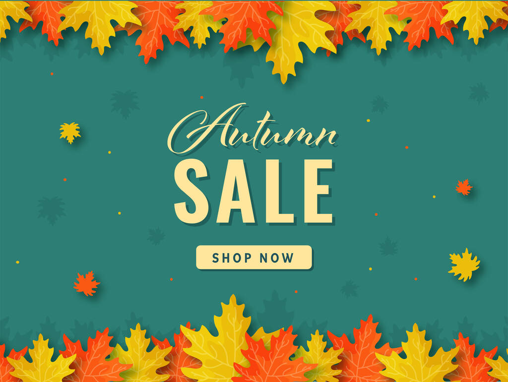 Poster de venta de otoño o diseño de pancarta con hojas de arce decoradas sobre fondo verde azulado. - Vector, imagen