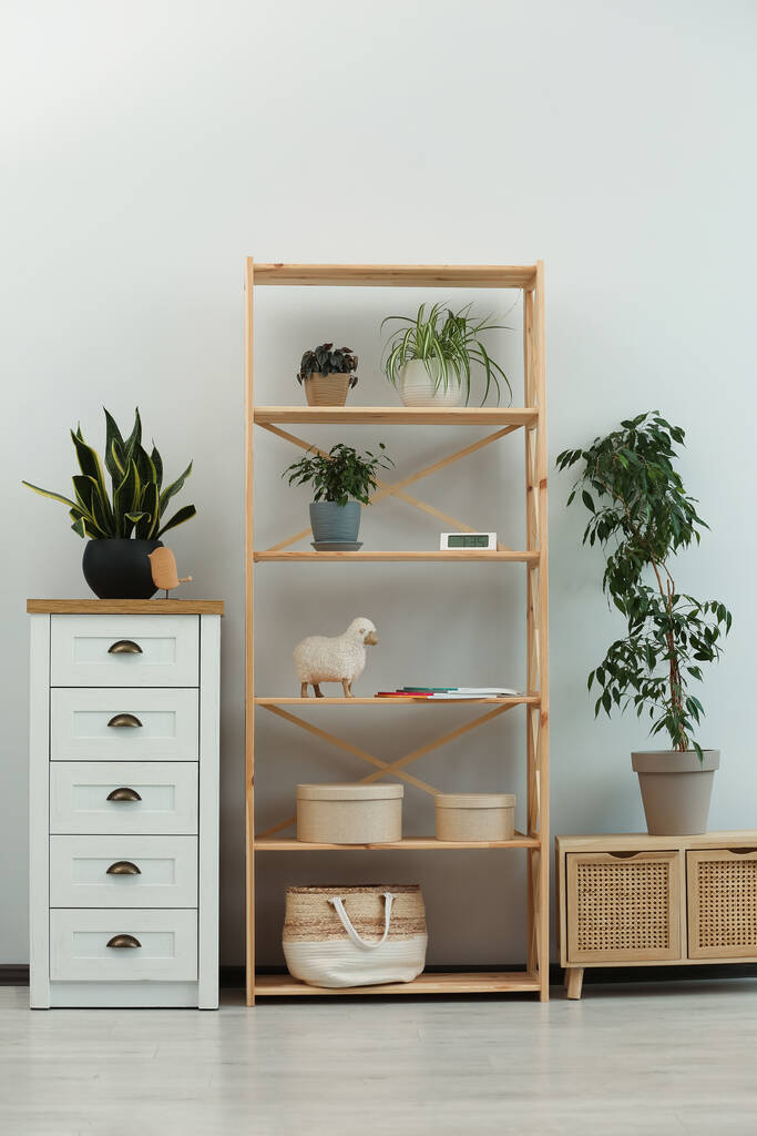 Стильний інтер'єр кімнати з дерев'яними меблями і красивими зеленими кімнатними рослинами
 - Фото, зображення