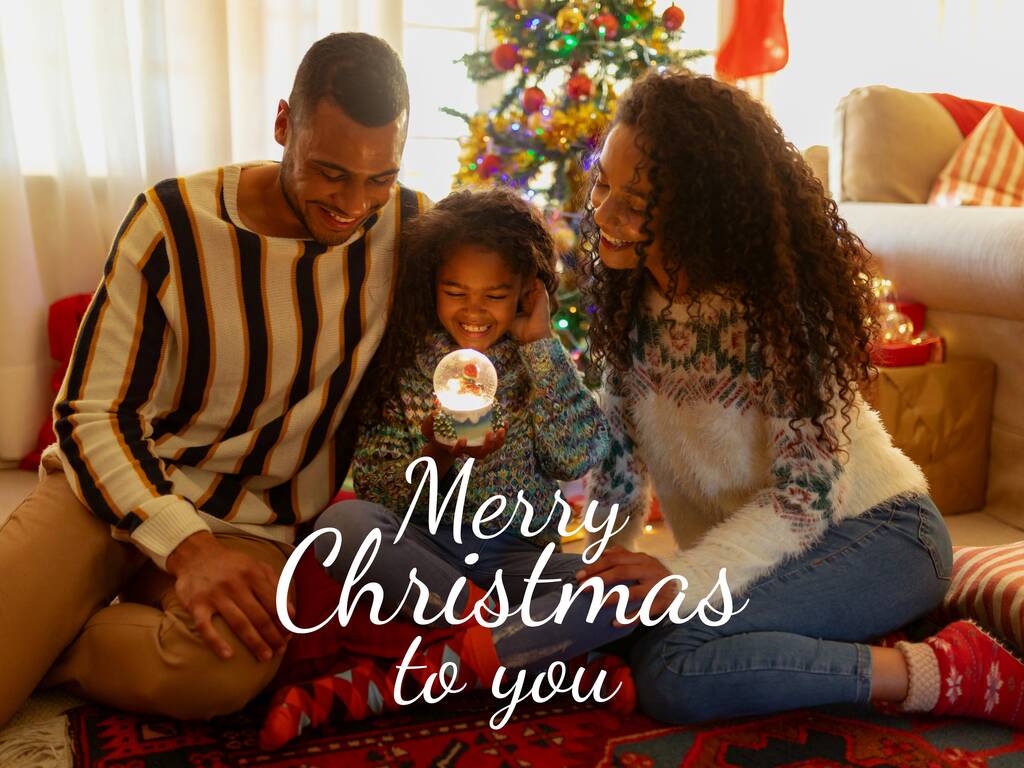 Kompozycja świątecznych pozdrowień tekst nad parą z córką na Boże Narodzenie. Boże Narodzenie, uroczystość, uroczystość i koncepcja tradycji generowane cyfrowo obraz. - Zdjęcie, obraz