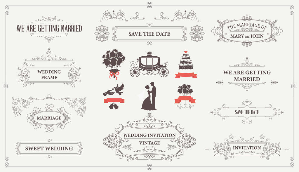 Σύνολο σχεδιαστικών στοιχείων και καλλιγραφικών διακοσμήσεων σελίδων για κάρτες γάμου και προσκλήσεις. Εικονογράφηση διανύσματος - Διάνυσμα, εικόνα