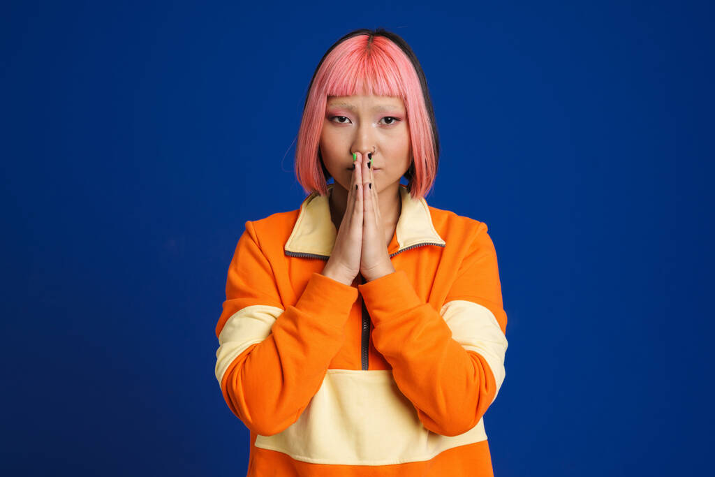 Asiatisches Mädchen mit rosa Haaren posiert und hält die Handflächen isoliert über blauem Hintergrund zusammen - Foto, Bild