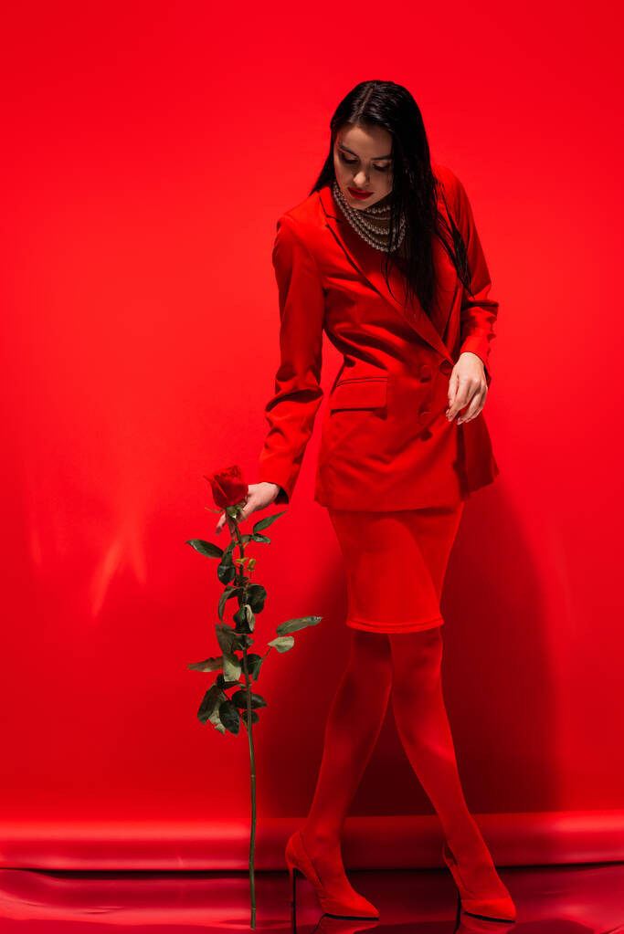 Mladá žena v bundě a sukni drží růže na červeném pozadí  - Fotografie, Obrázek