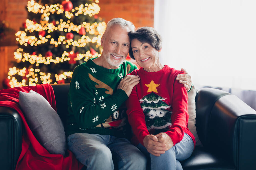 Fénykép az öregkor nyugdíjas pár hideg kényelmes ölelés együtt örökre sok év szerelem történet ül otthon kanapé közel karácsonyfa koszorú dekoráció beltérben. - Fotó, kép