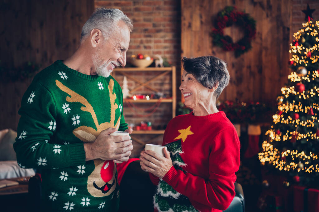 Фото двух мирных пожилых людей руки держать горячий чай кружку говорить общаться наслаждаться новогодней атмосфере дома в помещении. - Фото, изображение