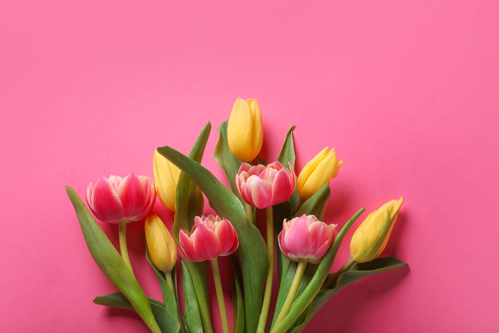 Many beautiful tulips on pink background, flat lay. Space for text - Photo, Image
