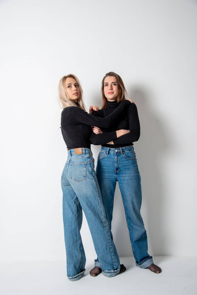 zwei schöne Mädchen brünett und blond posieren im Studio gegen grau - Foto, Bild