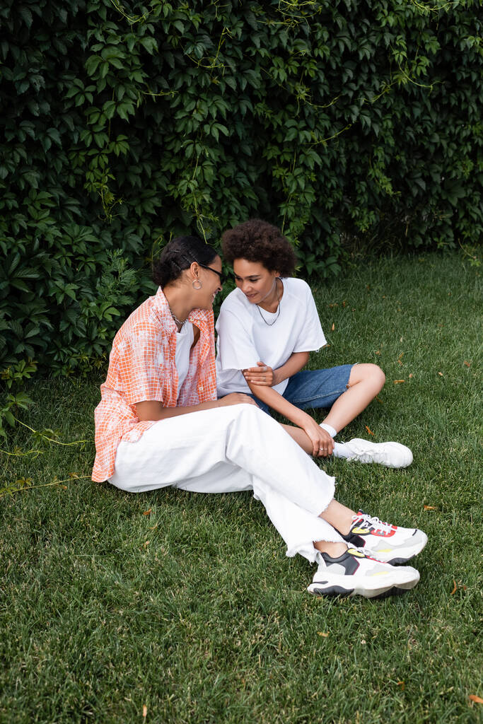 souriant afro-américain lesbienne femme en lunettes de soleil regardant petite amie heureuse tout en étant assis sur la pelouse  - Photo, image