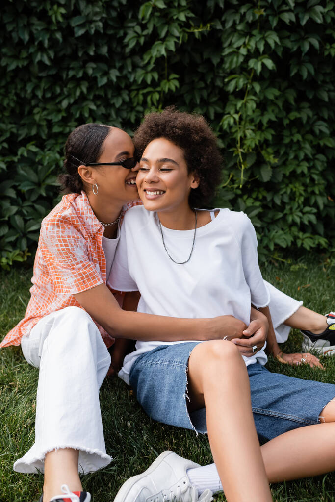 Şık Afro-Amerikan lezbiyen güneş gözlüklü kadın çimenlerde otururken mutlu kız arkadaşına sarılıyor.  - Fotoğraf, Görsel