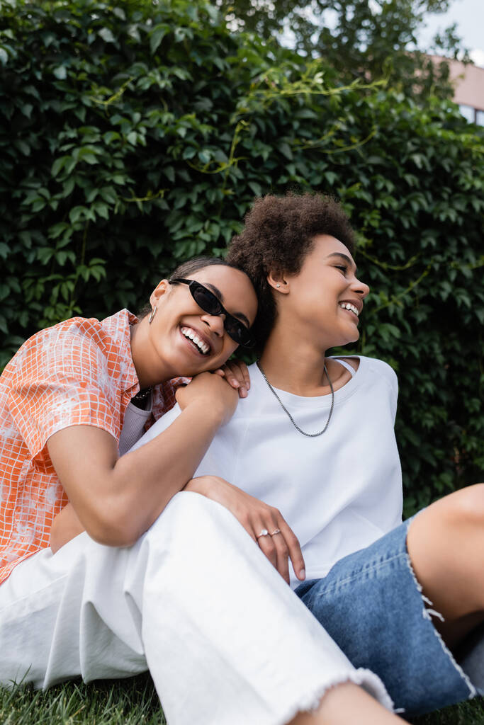 スタイリッシュなアフリカ系アメリカ人レズビアン女性でサングラスをかけます幸せな彼女にもたれながら緑の公園に座って - 写真・画像