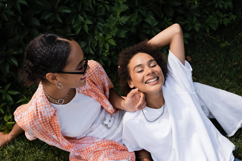 vue de dessus de la femme lesbienne afro-américaine dans des lunettes de soleil regardant petite amie heureuse tout en étant assis sur la pelouse  - Photo, image