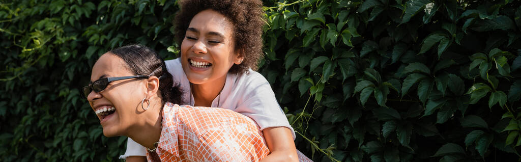 счастливая африканская американская лесбиянка, обнимающая взволнованную девушку в солнечных очках, смеющаяся в зеленом парке, баннер - Фото, изображение