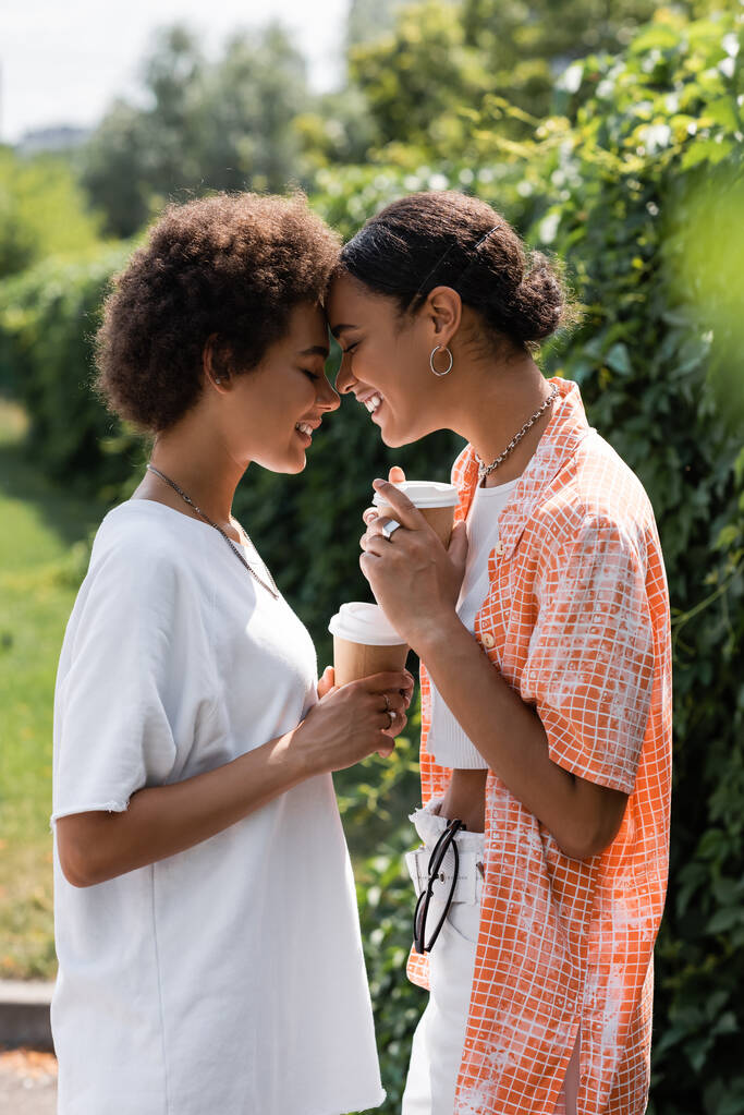 heureux couple lesbienne afro-américain tenant des tasses en papier avec du café pour aller dans le parc  - Photo, image
