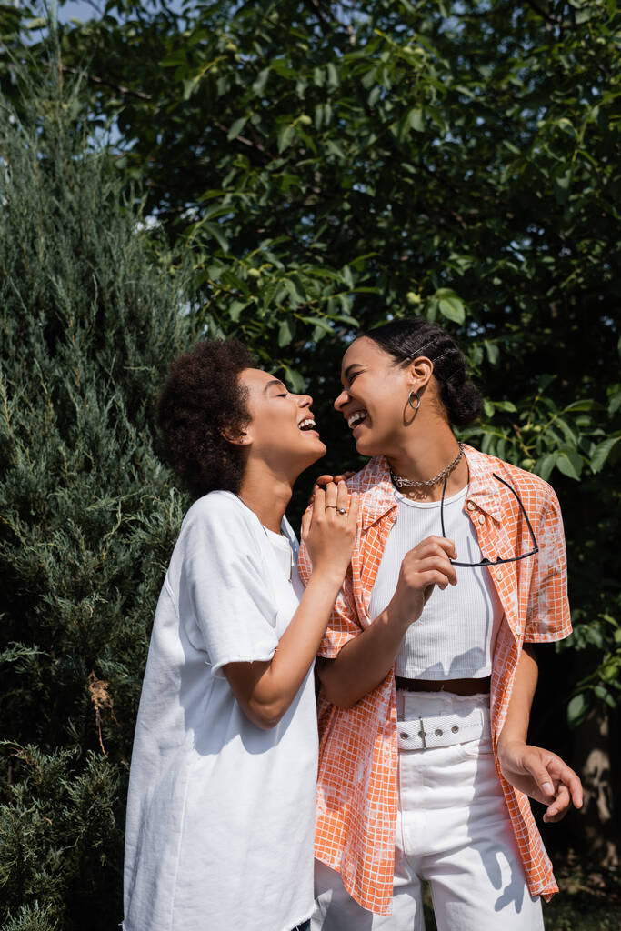 lockige Afroamerikanerin umarmt lesbische Partnerin mit stylischer Sonnenbrille im grünen Park  - Foto, Bild
