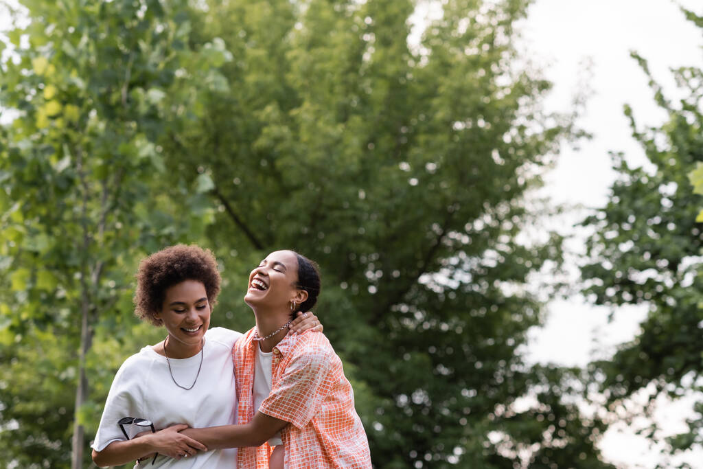 Χαρούμενη Αφροαμερικανή λεσβία που αγκαλιάζει την χαρούμενη κοπέλα της και γελάει στο πράσινο πάρκο.  - Φωτογραφία, εικόνα