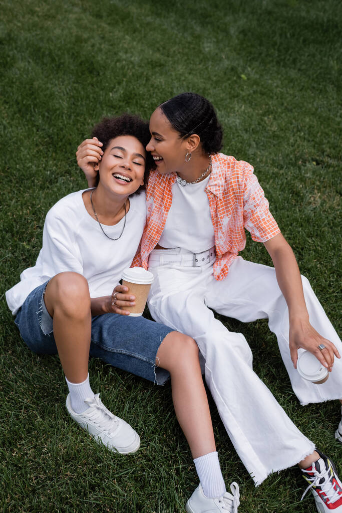 alegre afroamericano lesbianas mujeres sosteniendo papel tazas y sentado en hierba en parque - Foto, imagen