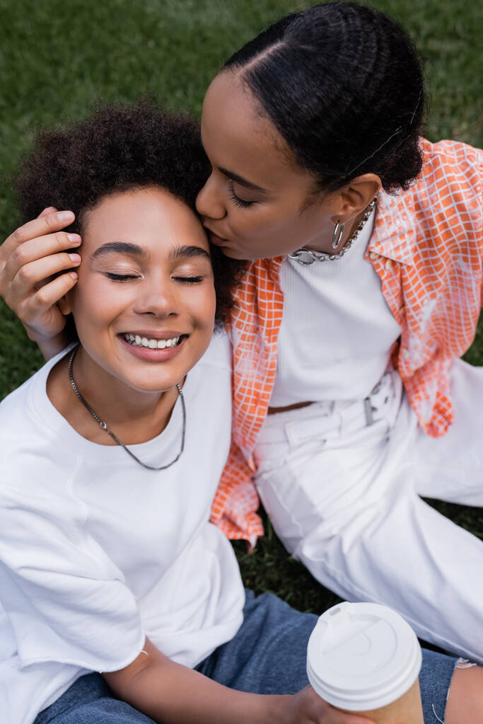 トップビューのアフリカ系アメリカ人レズビアン女性接吻頭の幸せなガールフレンドで公園  - 写真・画像