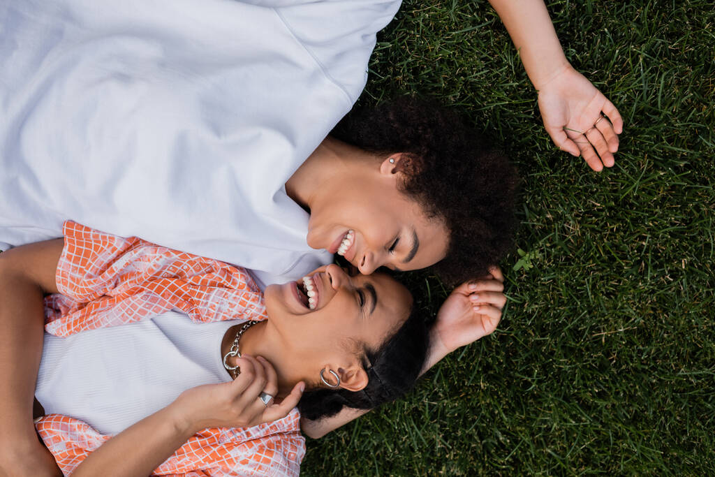 Draufsicht auf fröhliche afrikanisch-amerikanische lesbische Frauen, die im Gras liegen  - Foto, Bild