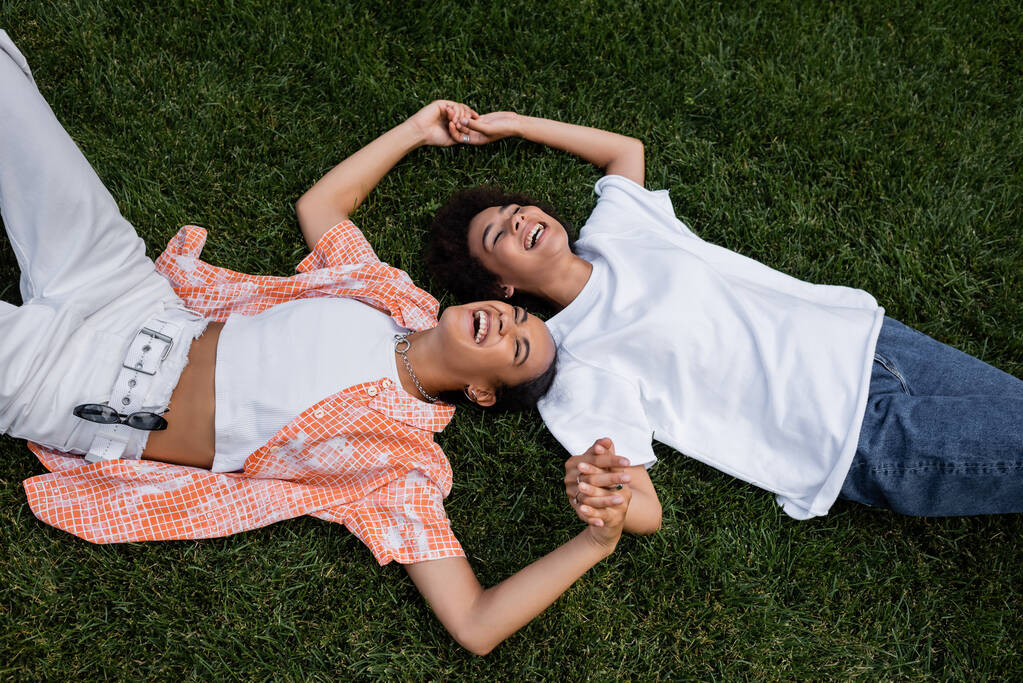 vista superior de mujeres lesbianas afroamericanas positivas cogidas de la mano y tumbadas en la hierba  - Foto, Imagen