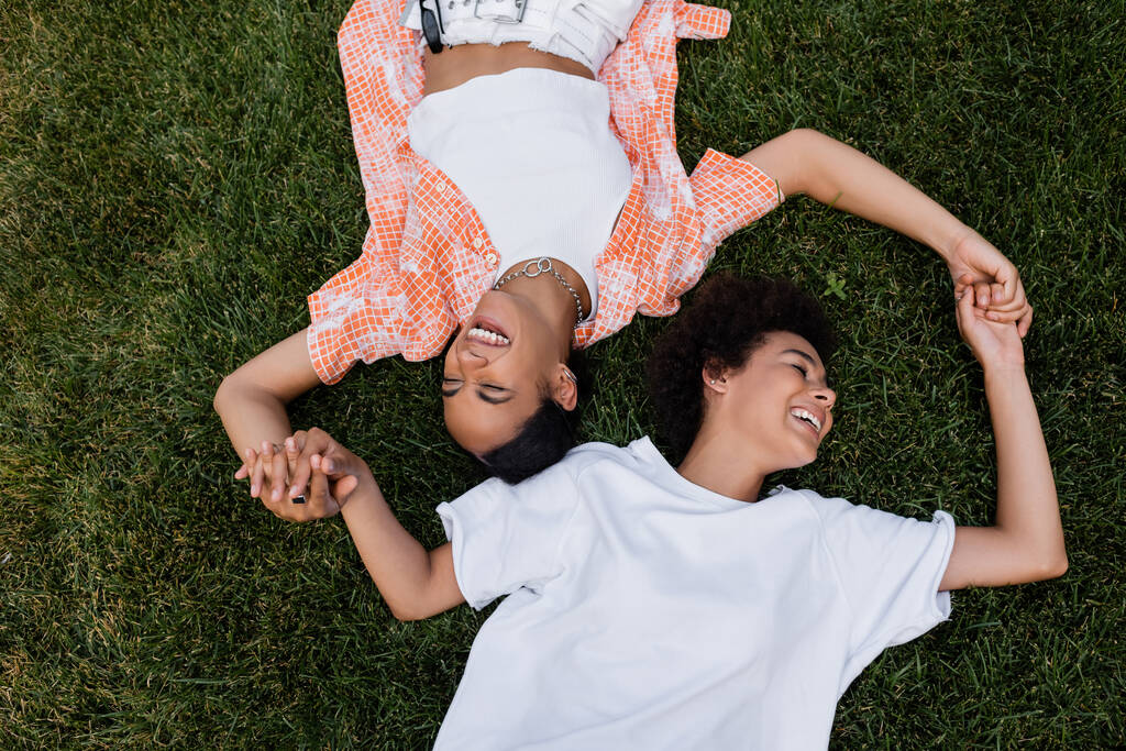 Blick von oben auf lächelnde afrikanisch-amerikanische lesbische Frauen, die sich Händchen haltend im Gras liegen  - Foto, Bild