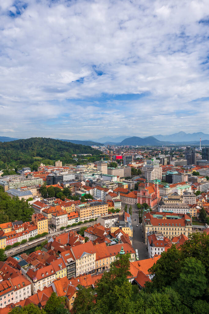 Paisaje urbano de Liubliana, capital de Eslovenia, vista sobre el casco antiguo hasta la plaza Preseren. - Foto, Imagen