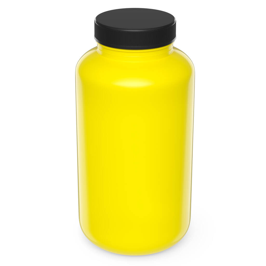Frasco de plástico amarelo para nutrição esportiva proteína de soro de leite e pó de gainer isolado no fundo branco. 3d renderização de suplemento desportivo para crossfit, trx e powerlifting treino - Foto, Imagem