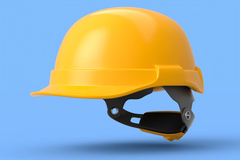 Capacete de segurança amarelo ou tampa dura isolada no fundo azul. 3d renderização e ilustração de chapéus e ferramentas handyman - Foto, Imagem