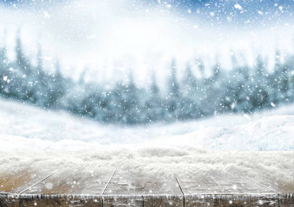 Xmas winter background. Winter snow landscape and rustic table of wood with snow on top. Christmas card. - Photo, Image
