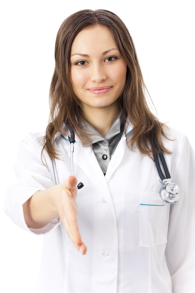 Médica feminina dando a mão para apertar a mão, isolada em branco
 - Foto, Imagem