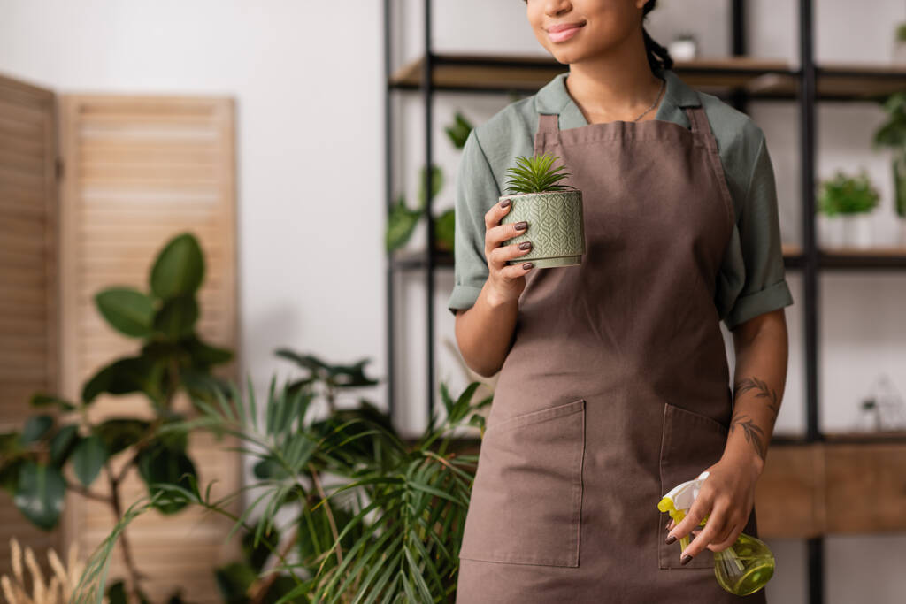 cropped view of smiling african american florist holding spray bottle and potted plant in blurred flower shop - Photo, Image