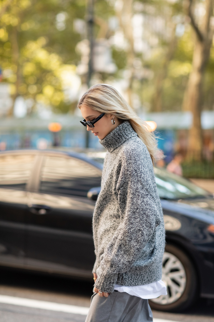mulher na moda em camisola cinza e óculos de sol andando na rua de Nova York - Foto, Imagem