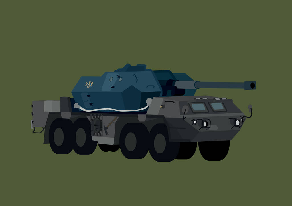 illustration of military armored vehicle with Ukrainian trident symbol isolated on green  - Vector, Image