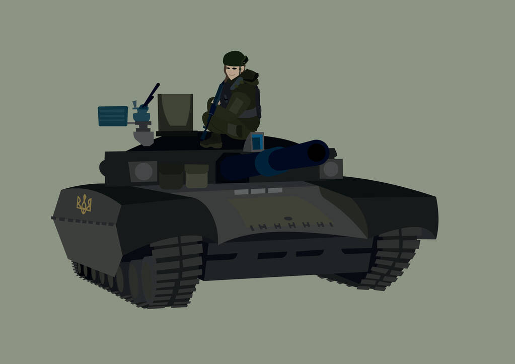 illustration of female defender in Ukrainian military tank isolated on grey  - Vector, Image