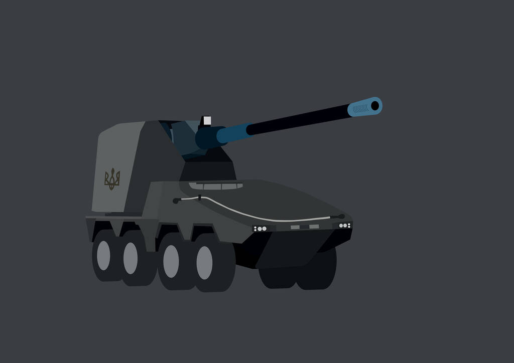 illustration of Ukrainian self-propelled artillery system isolated on grey  - Vector, Image