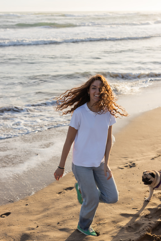 日没時に砂浜で犬と一緒に走る陽気な若い女性  - 写真・画像