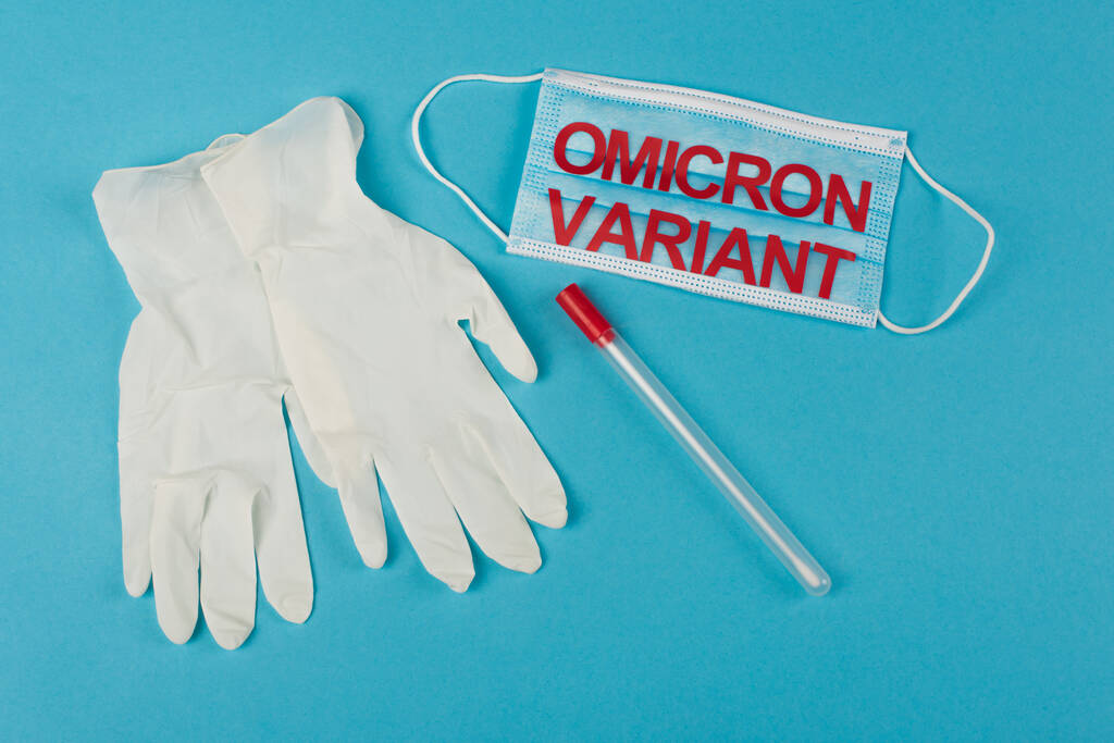 Top view of medical mask with omicron variant near cotton swab and latex gloves on blue background  - Photo, Image