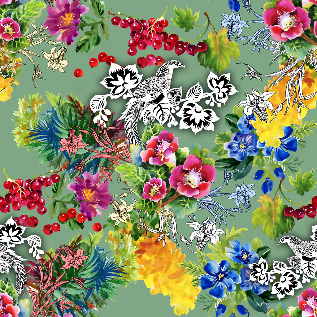 Faisanes con flores patrón de colores
 - Foto, Imagen
