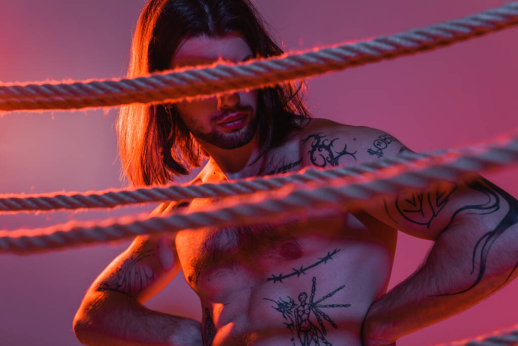 Sexy tattooed man posing near ropes on purple background with light  - Foto, Imagen