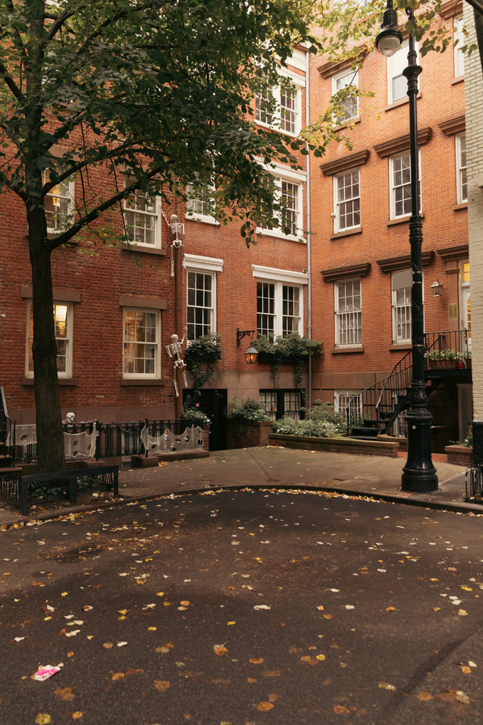 Падшие листья возле кирпичных домов на улице в Нью-Йорке - Фото, изображение