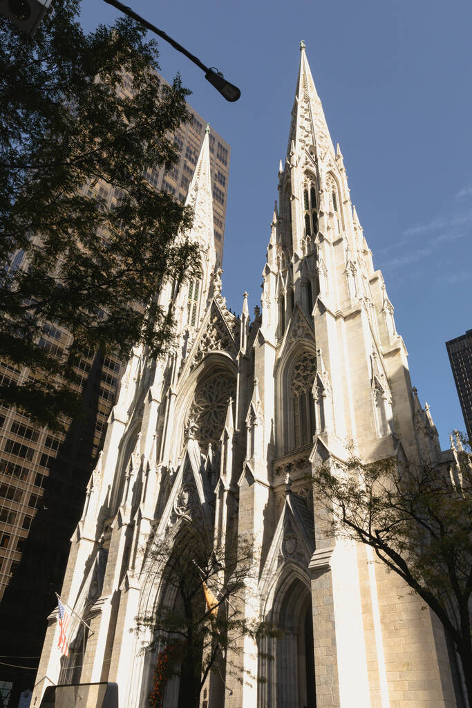 Niski kąt widzenia starożytnej katedry św. Patryka na ulicy w Nowym Jorku - Zdjęcie, obraz